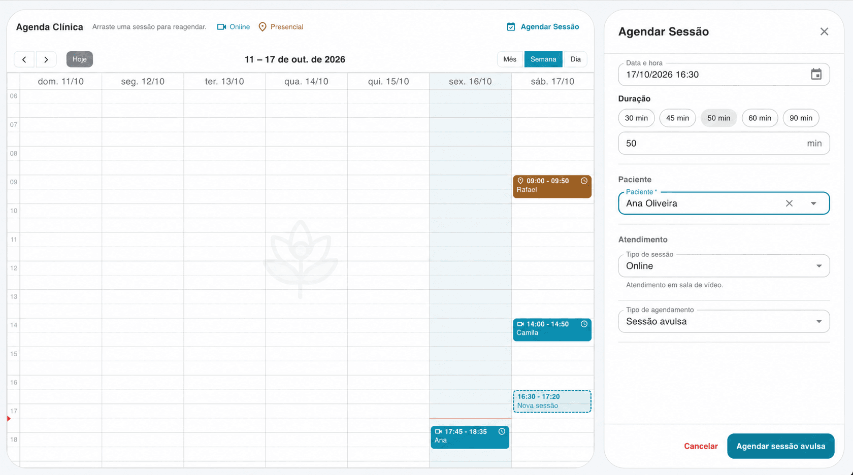 Agenda semanal do Terapeuta Ideal com atendimentos online e presenciais e o formulário Agendar Sessão aberto com dados fictícios