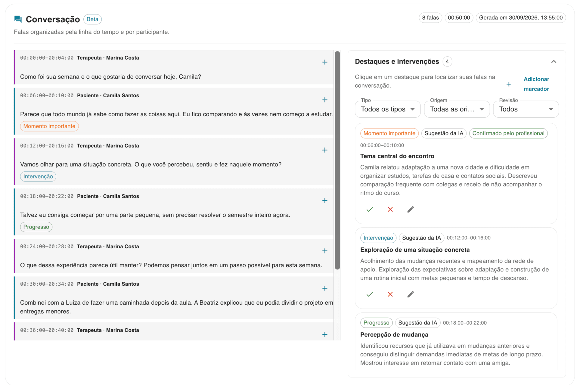 Conversação em Beta com falas fictícias de paciente e terapeuta na linha do tempo e painel de destaques e intervenções com sugestões da IA e revisão profissional