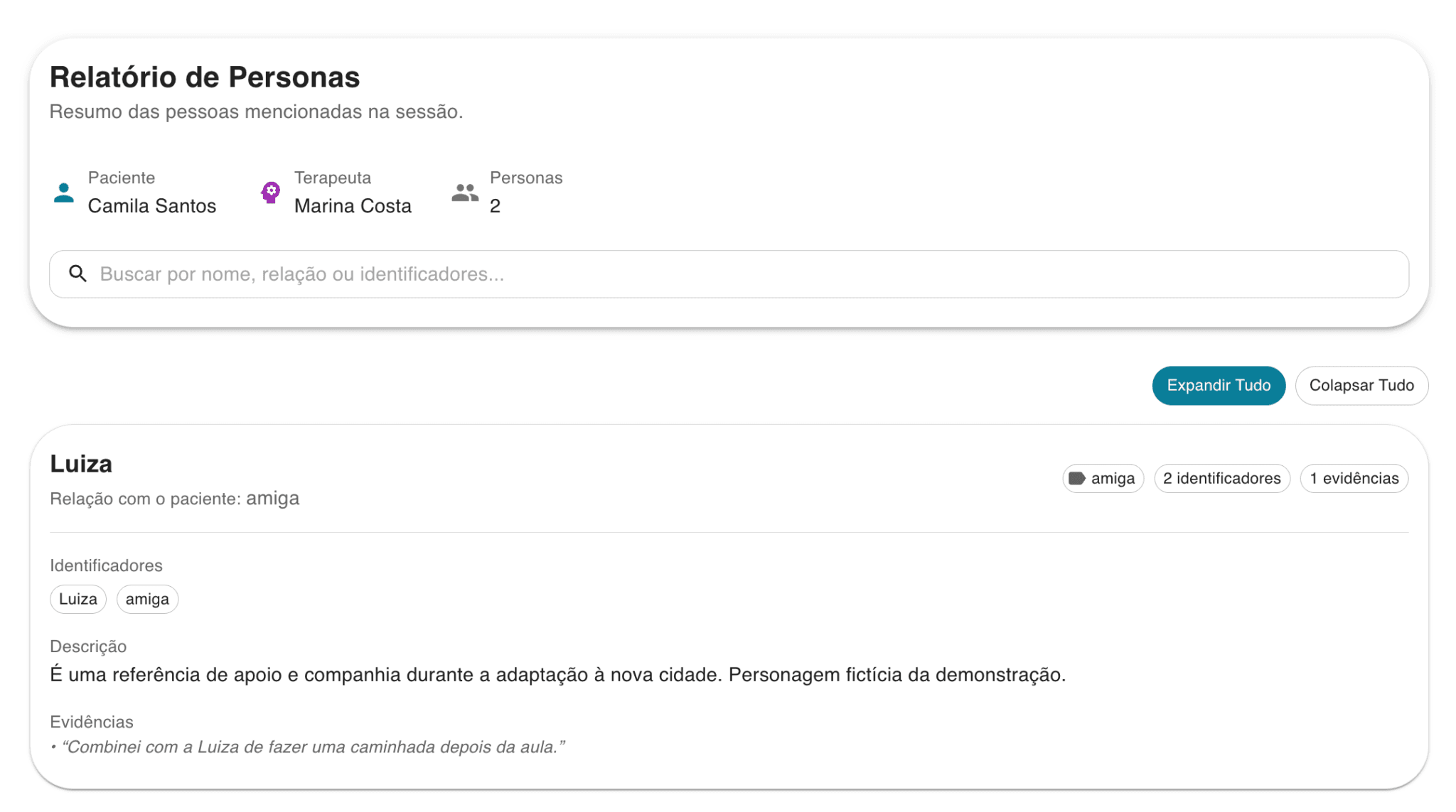 Relatório de personas com dados fictícios de Camila Santos e Marina Costa, mostrando Luiza, sua relação de amizade, identificadores, descrição e um trecho da sessão como evidência
