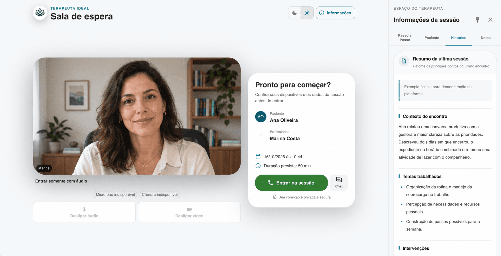 Simulação da sala de vídeo do Terapeuta Ideal com uma profissional fictícia e o painel de resumo da sessão anterior